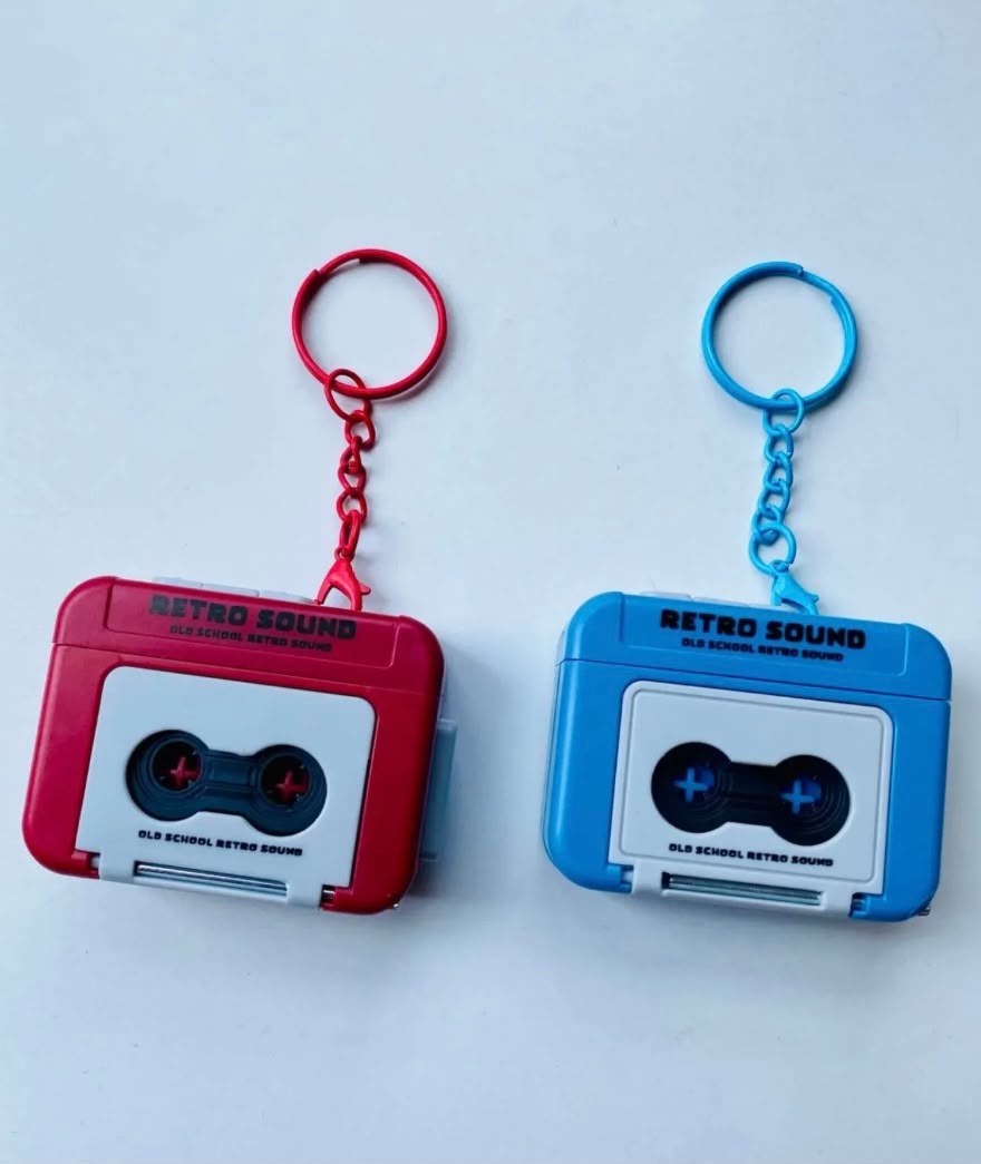 Retro Sound Cassette Keychain in Red and Blue